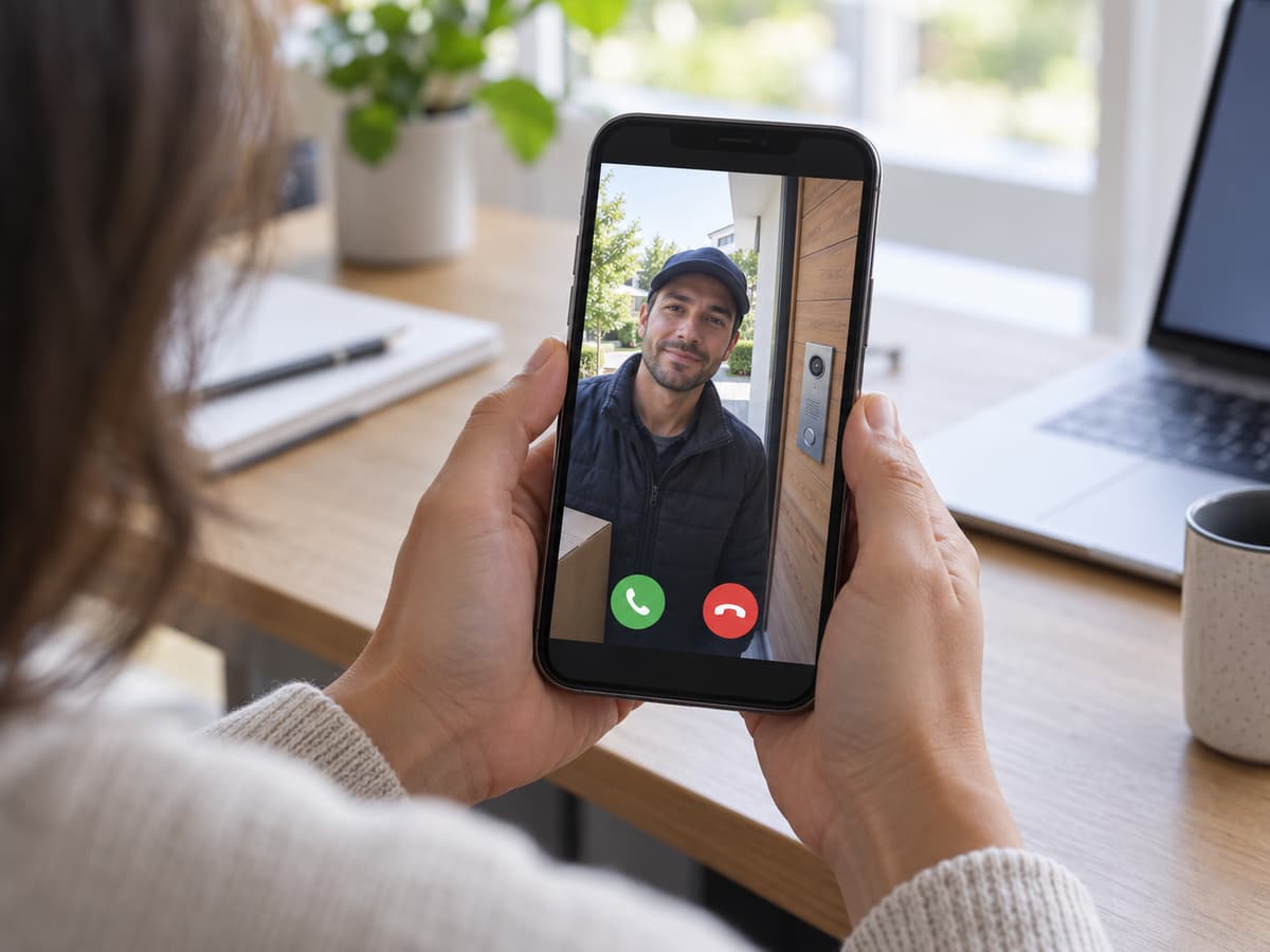 Personne dans un bureau consultant sur un smartphone l’appel vidéo d’un visiteur devant l’entrée d’une maison, avec des commandes simples affichées à l’écran.