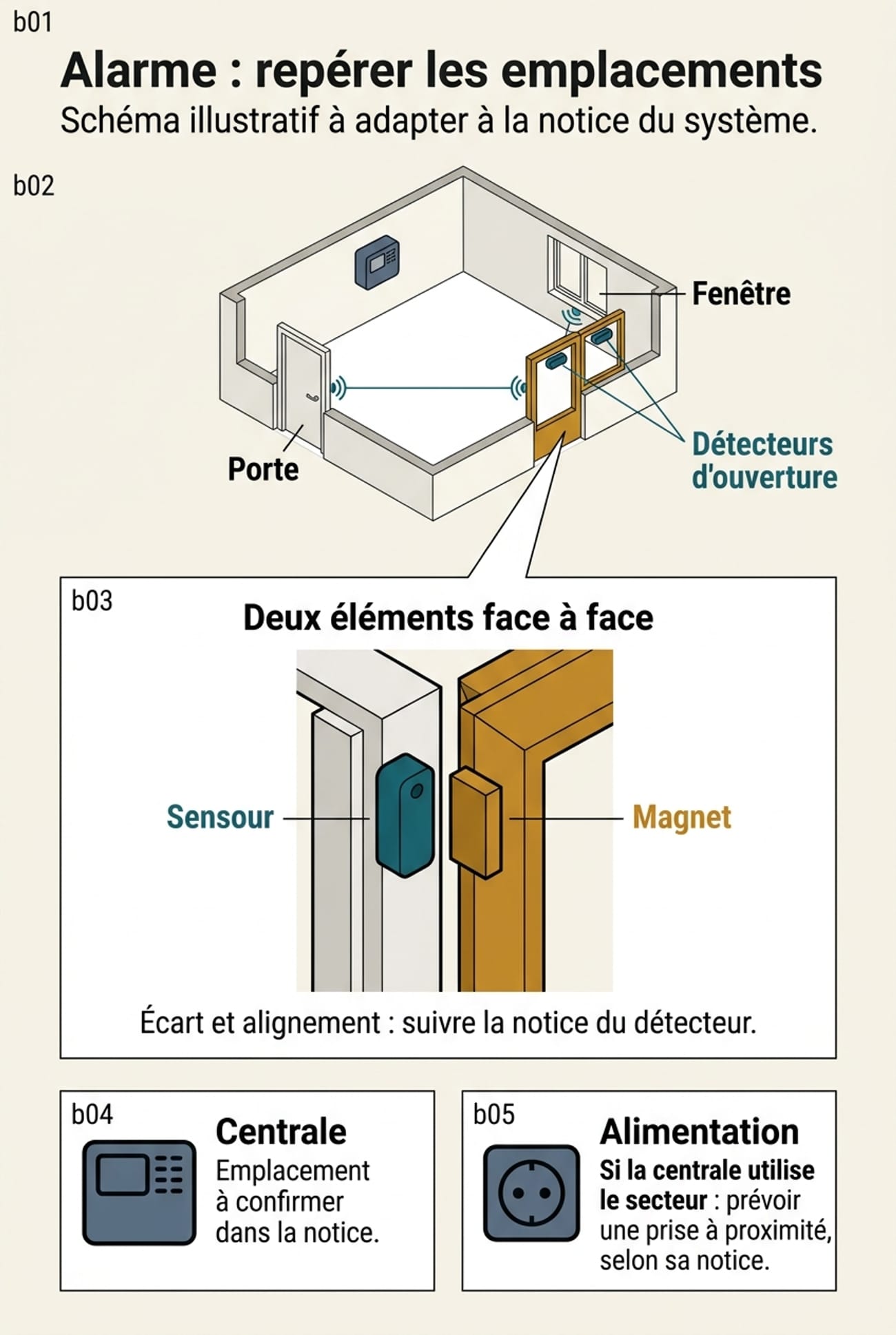Plan illustratif avec porte et fenêtre, gros plan du capteur sur le cadre fixe et de l’aimant sur la partie mobile, puis encadrés sur la centrale et son alimentation conditionnelle sur secteur.