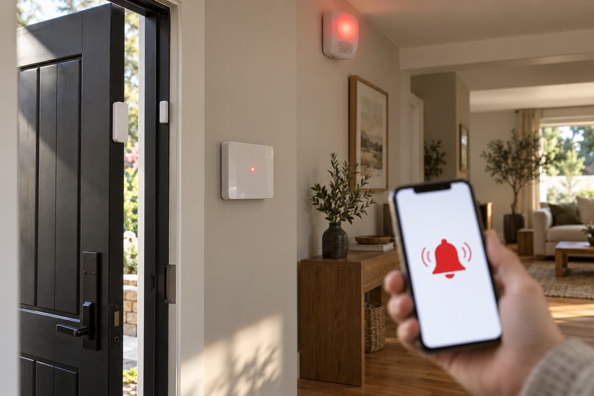 Porte d'entrée ouverte avec détecteur magnétique, centrale murale, sirène lumineuse et smartphone affichant une notification d'alarme.