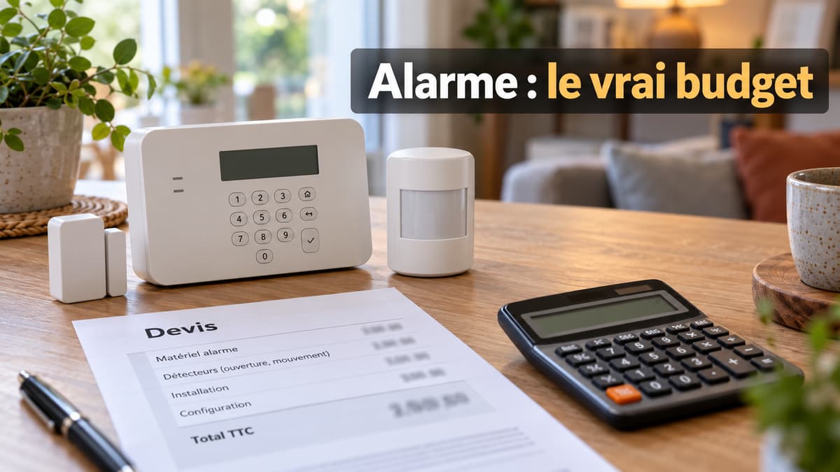 Équipements d’alarme génériques posés sur une table avec une calculatrice et un devis sans montants lisibles, dans un intérieur domestique.