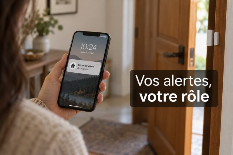 Personne tenant un téléphone affichant l’alerte « Vos alertes, votre rôle » près d’une porte équipée d’un détecteur d’ouverture.