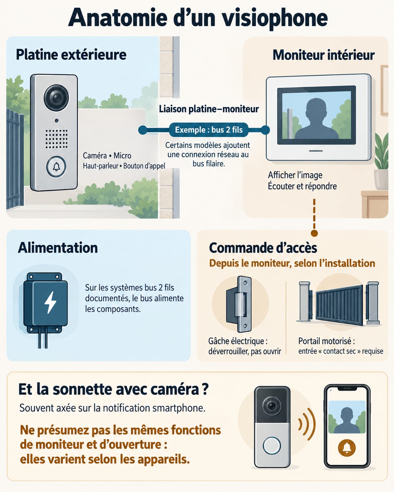 Schéma d’un visiophone : platine extérieure reliée au moniteur intérieur, alimentation et commande d’accès selon l’installation, avec distinction entre déverrouillage, ouverture et notification smartphone.