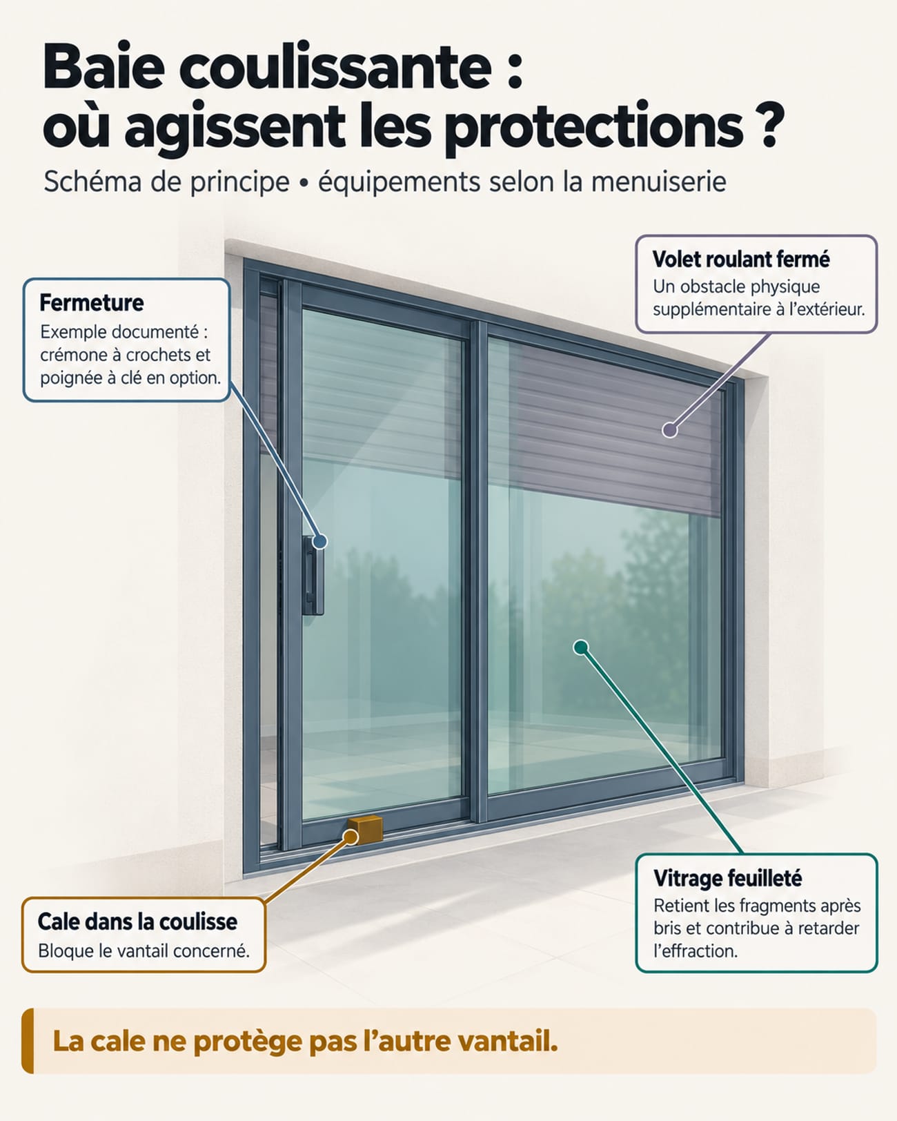 Schéma d’une baie coulissante situant la fermeture, la cale dans la coulisse, le vitrage feuilleté et le volet extérieur, avec un rappel : la cale ne protège pas l’autre vantail.