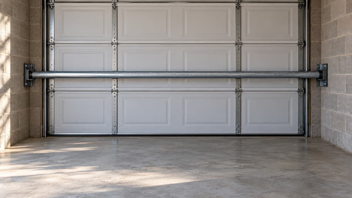 Vue intérieure d’une porte de garage battante fermée maintenue par une barre horizontale reposant dans deux supports latéraux fixés à la maçonnerie, avec un espace dégagé devant la barre.