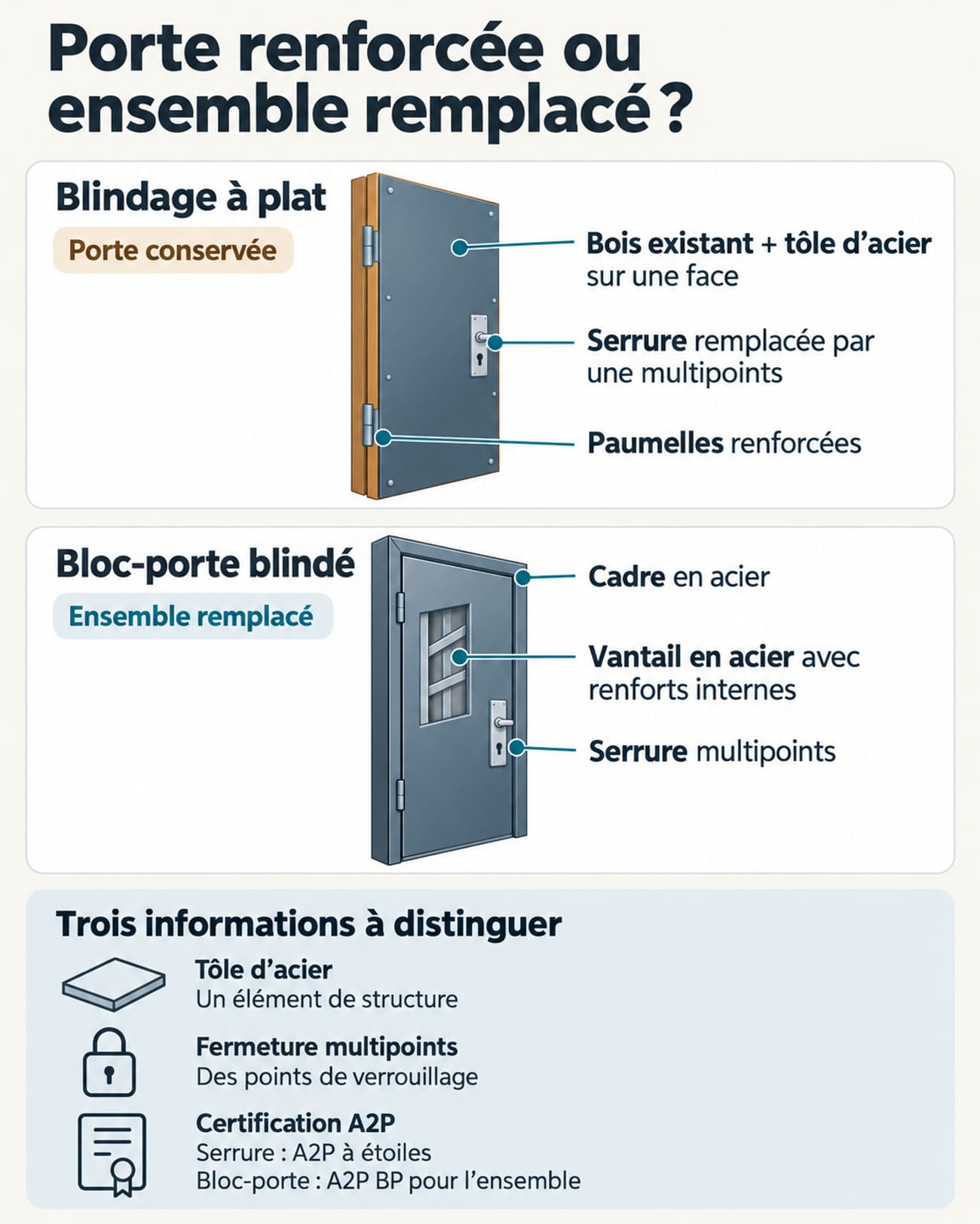 Deux schémas comparent une porte en bois conservée avec une tôle d’acier et un bloc-porte acier remplacé. Un bandeau distingue structure, fermeture multipoints et certification A2P.