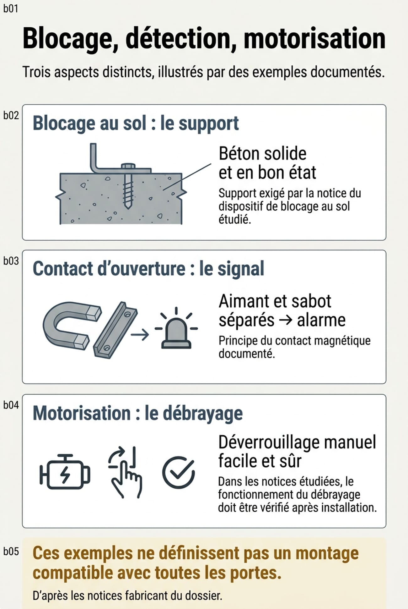 Trois panneaux distinguent l’ancrage dans un béton solide, la séparation d’un contact magnétique déclenchant une alarme et l’accès au débrayage manuel, sans garantir un montage compatible avec toutes les portes.