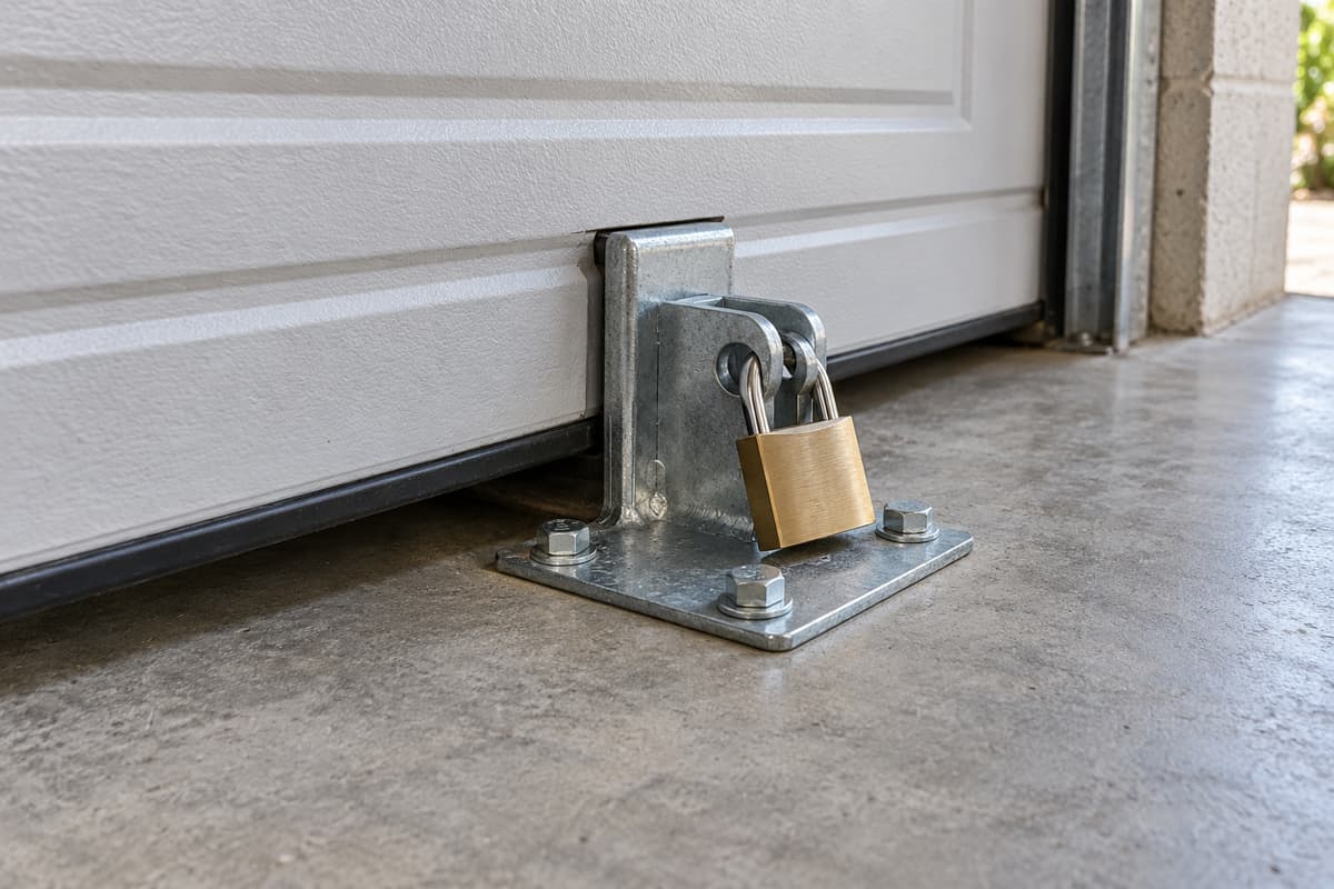 Un cadenas fixé à un dispositif de blocage métallique ancré dans un sol en béton au pied d’une porte de garage basculante fermée, avec un espace dégagé autour.