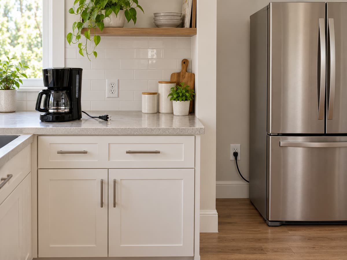 Cuisine avec une cafetière débranchée sur le plan de travail à gauche et un réfrigérateur branché à une prise murale à droite.