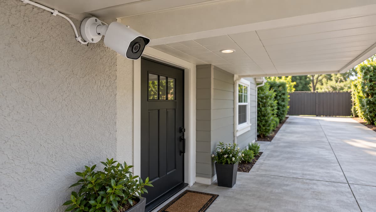 Caméra connectée générique fixée sous un auvent, orientée vers une porte d'entrée et une allée privée, avec un câble d'alimentation visible.