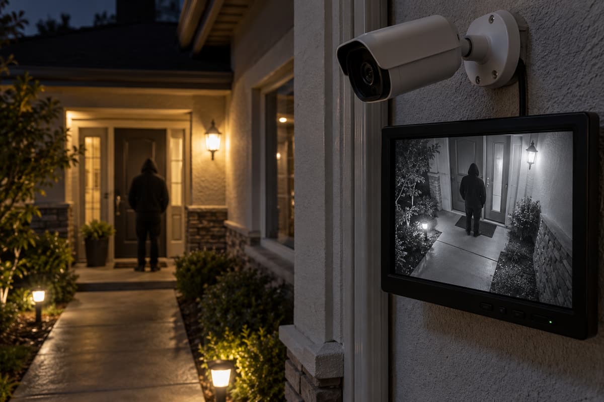 Caméra de surveillance fixée en hauteur au-dessus d’une porte d’entrée, avec un écran montrant une vue nocturne lisible de l’allée et d’une silhouette à l’entrée.