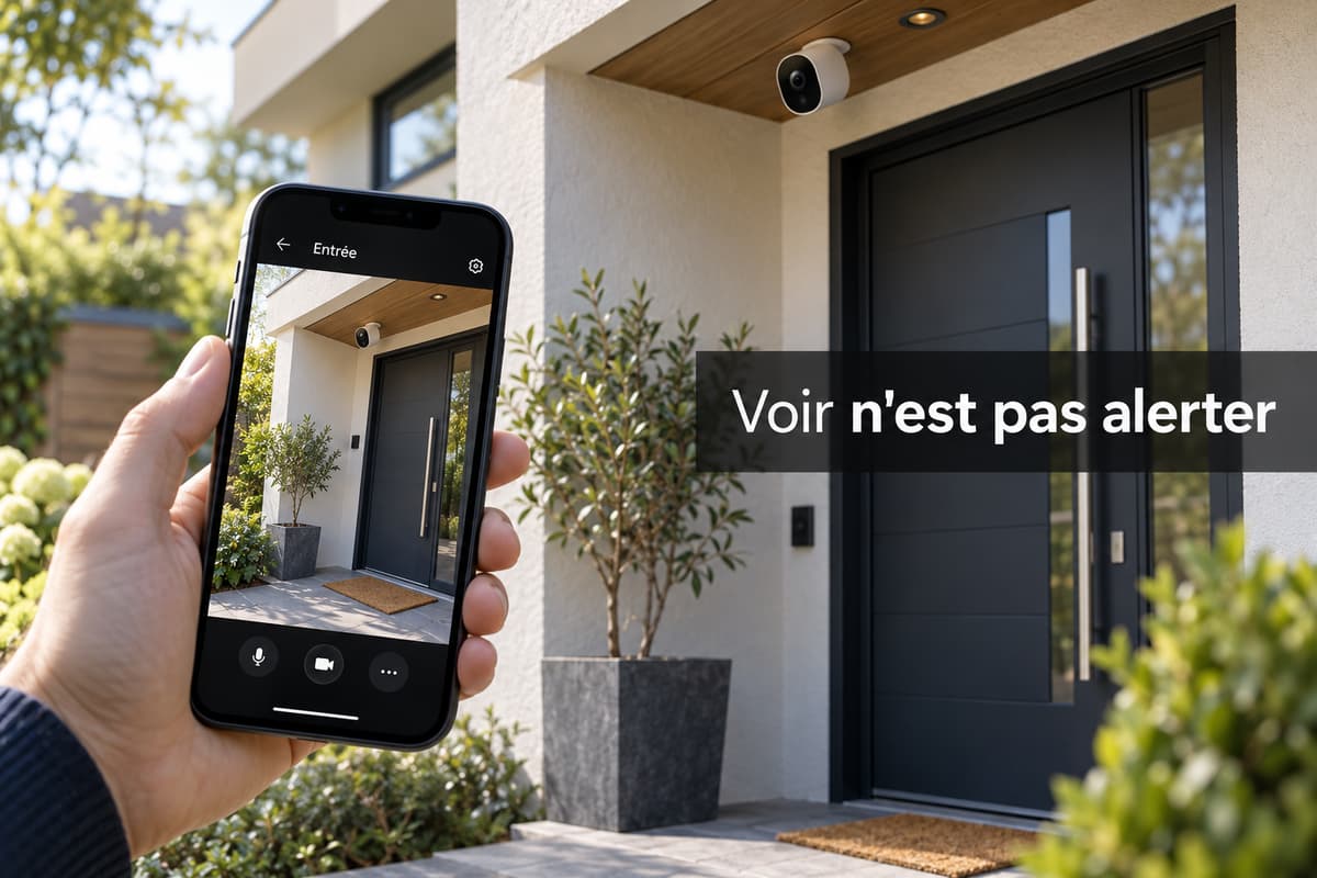 Caméra discrète fixée au-dessus d’une porte d’entrée, avec un smartphone au premier plan affichant la vue en direct de cette même entrée, et le texte « Voir n'est pas alerter » incrusté.