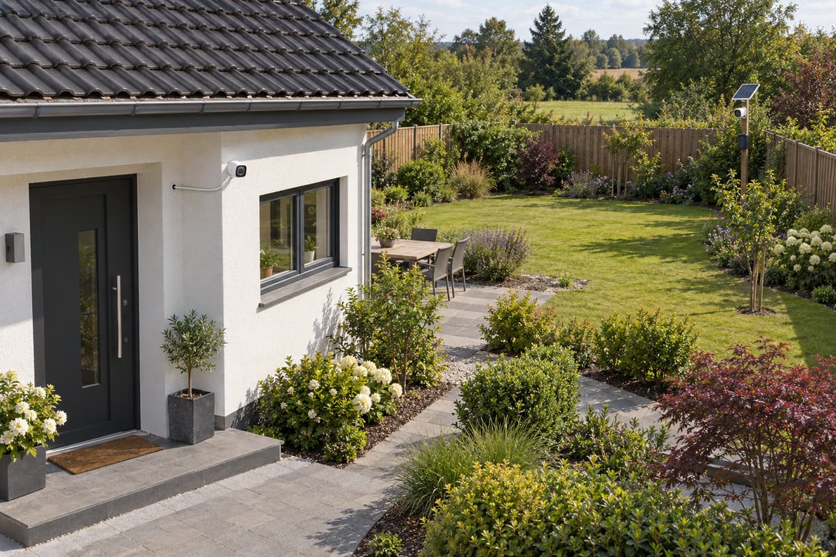 Deux caméras de surveillance sur une maison : l’une près de la porte reliée par un câble, l’autre au fond du jardin avec un panneau solaire compact et une batterie visible.
