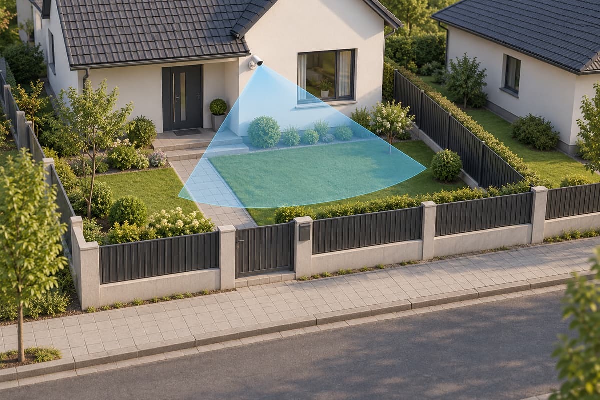 Schéma en légère plongée d’une maison avec une caméra fixée sur sa façade, un champ de vision translucide couvrant uniquement le jardin jusqu’à la clôture, la rue et la parcelle voisine restant à l’extérieur.