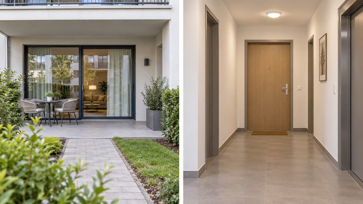 Vue comparative en deux panneaux montrant une porte-fenêtre accessible depuis une terrasse au rez-de-chaussée et une porte palière dans un couloir collectif.
