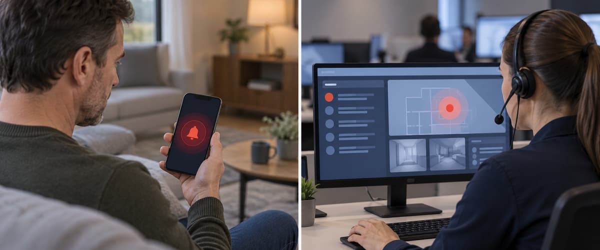 Comparaison en deux panneaux montrant à gauche une personne consultant une notification d’alarme sur son téléphone et à droite un opérateur regardant un écran de traitement d’alerte dans un centre de télésurveillance.