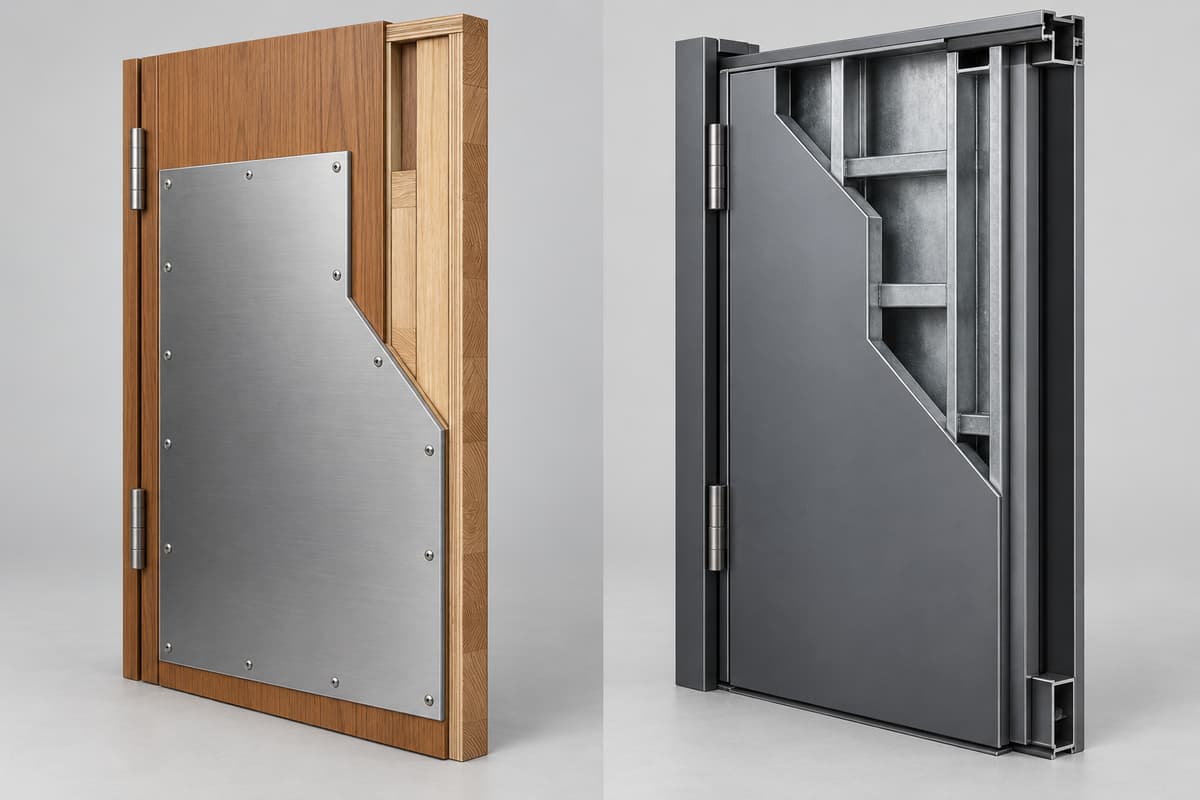 Comparaison côte à côte entre une porte en bois équipée d’une plaque métallique et un bloc-porte métallique avec son dormant, vues en coupe partielle.