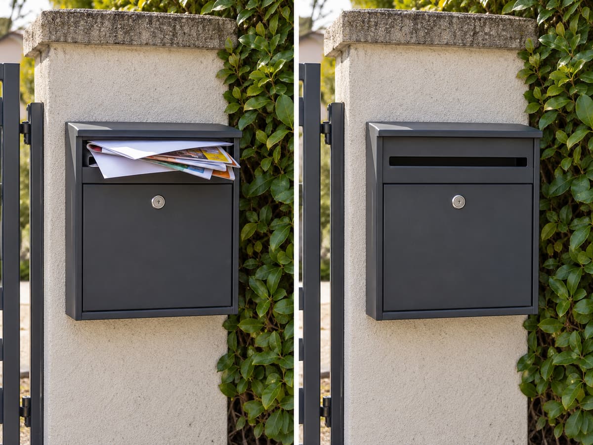 Deux vues côte à côte de la même boîte aux lettres : à gauche, des courriers et des publicités débordent de la fente ; à droite, la fente est dégagée et rien ne dépasse.