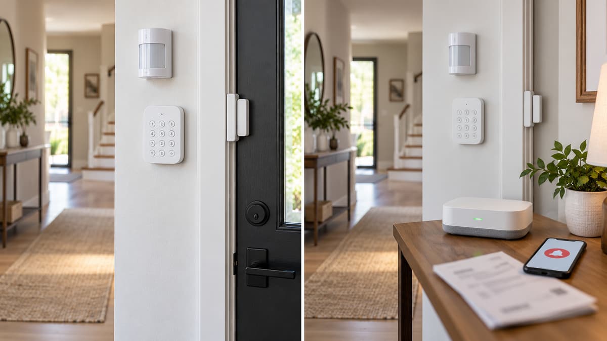Comparaison visuelle entre un kit d'alarme posé sans contrat et un logement relié à un service de télésurveillance, avec une facture mensuelle illisible sur une table.