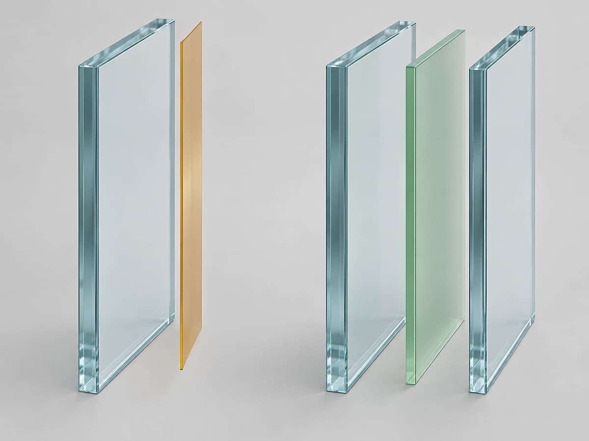 Deux coupes de vitrage côte à côte : à gauche un vitrage simple avec un film adhésif sur une face, à droite un vitrage feuilleté composé de deux feuilles de verre et d’un intercalaire légèrement écartés.