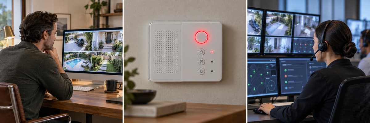 Trois panneaux distincts présentent un occupant regardant un écran de surveillance, une centrale d'alarme avec voyant d'alerte et un opérateur de télésurveillance devant plusieurs écrans.