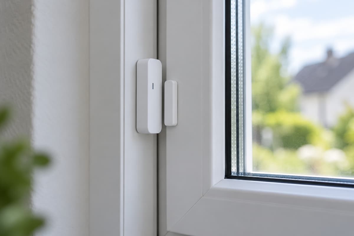Gros plan d’une fenêtre fermée vue de l’intérieur avec un capteur fixé sur le dormant et un aimant aligné sur l’ouvrant.