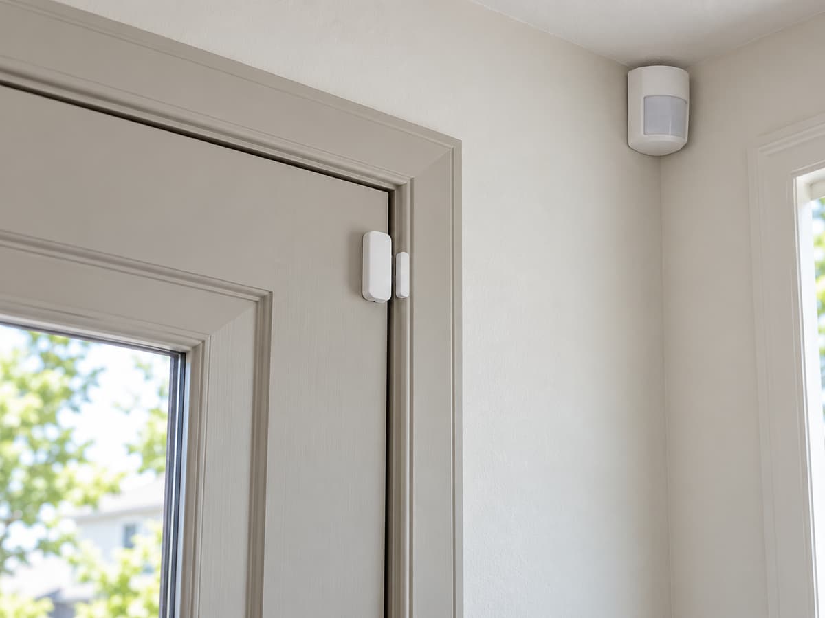 Gros plan d’une entrée montrant un contact d’ouverture en deux parties alignées sur une porte et son dormant, ainsi qu’un détecteur de mouvement fixé en hauteur dans un angle intérieur.