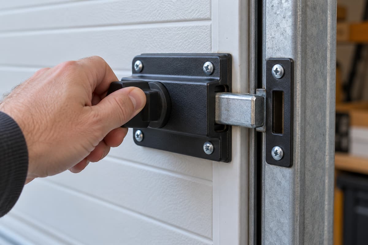 Gros plan sur une main actionnant un verrou manuel installé sur une porte de garage fermée, avec le pêne partiellement sorti de sa gâche alignée et des fixations visibles sur la porte et le cadre.
