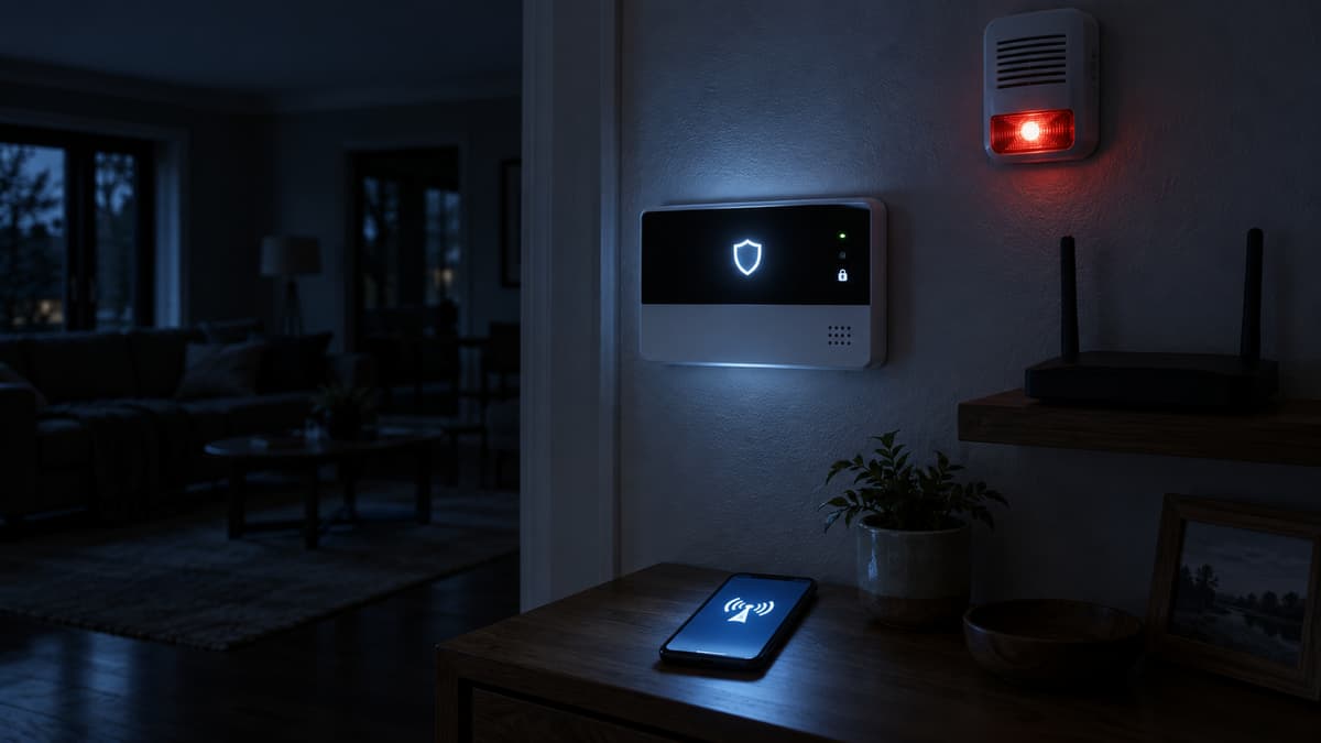 Pièce plongée dans le noir avec une centrale d'alarme allumée, une box Internet éteinte et un téléphone affichant une notification d'alerte avec un signal mobile.