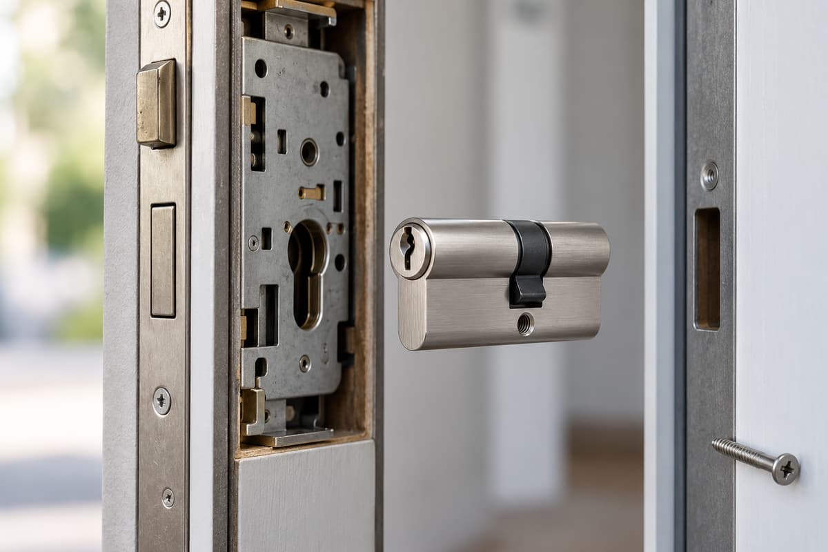 Cylindre européen retiré présenté devant son logement dans une porte entrouverte, corps de serrure resté en place et vis de fixation posée à côté.