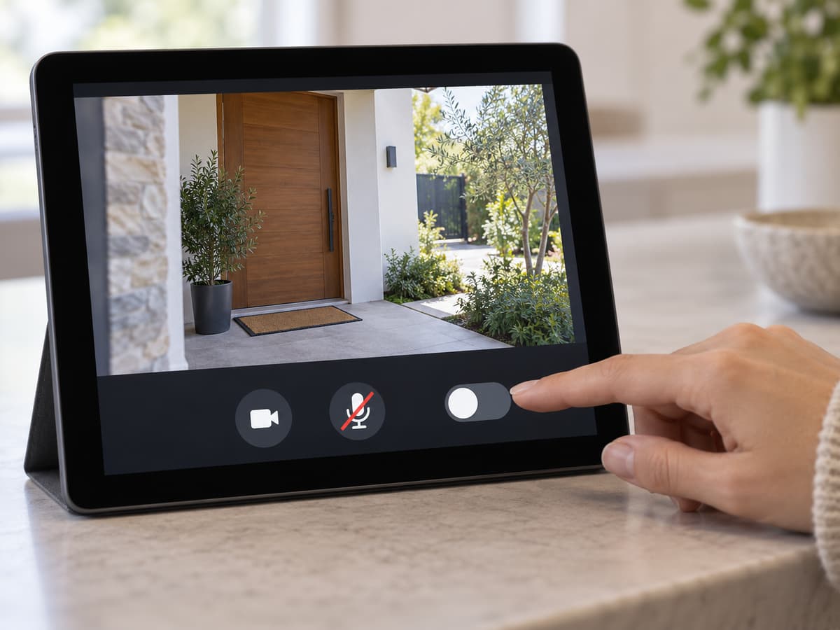 Gros plan d’une main touchant un interrupteur audio désactivé sur une tablette affichant l’aperçu d’une entrée privée et une icône de microphone barré.