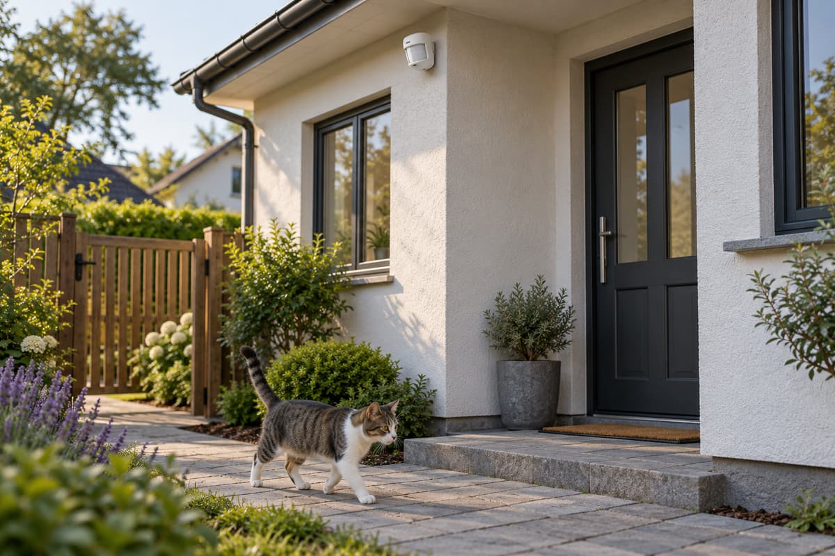Une maison individuelle avec porte d'entrée et fenêtres visibles, un accès au jardin, un détecteur de mouvement fixé en hauteur sur le mur et un chat qui passe dessous.