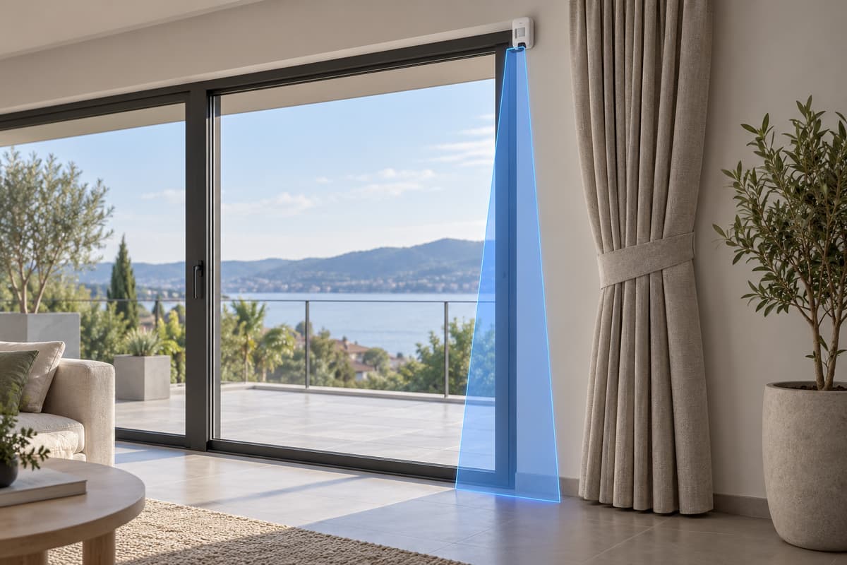 Vue intérieure d'une baie vitrée avec un détecteur rideau fixé en partie haute, une zone translucide bleutée étroite matérialisée devant le vitrage et un rideau textile écarté hors de cette zone.