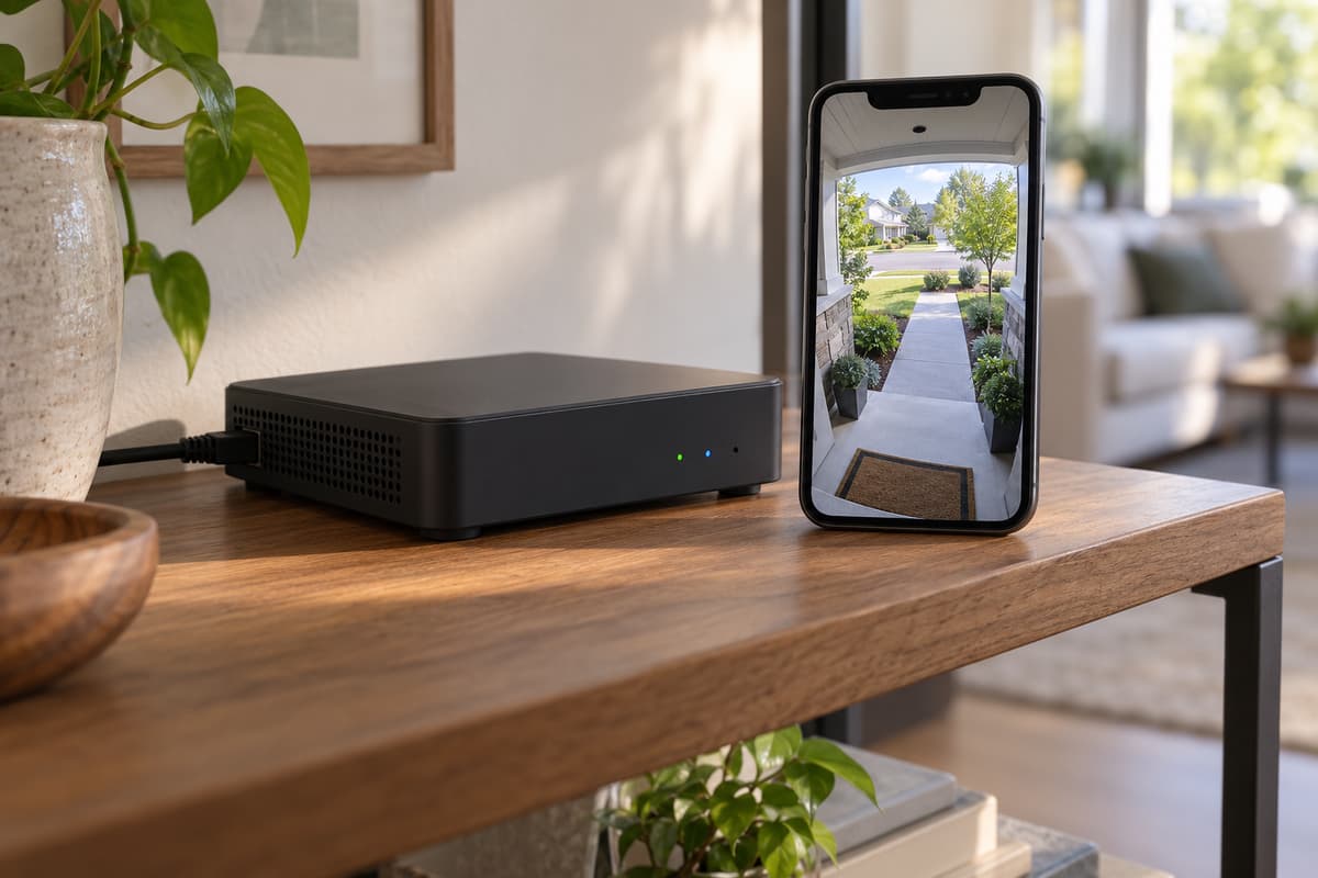 Un enregistreur réseau local posé sur une étagère en bois avec un câble Ethernet branché à l’arrière, à côté d’un smartphone affichant une vue en direct d’une caméra de surveillance montrant une porte d’entrée et une allée.