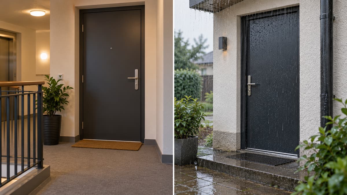 Deux vues côte à côte : une porte d’appartement ouverte sur un palier intérieur sec et abrité, et une porte de maison fermée donnant sur un extérieur pluvieux avec seuil et joints humides.