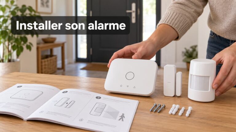 Une entrée de maison avec une table sur laquelle sont posés une centrale d’alarme, deux détecteurs distincts, des fixations et une notice ouverte, une porte d’entrée visible en arrière-plan, et le texte « Installer son alarme » en surimpression.