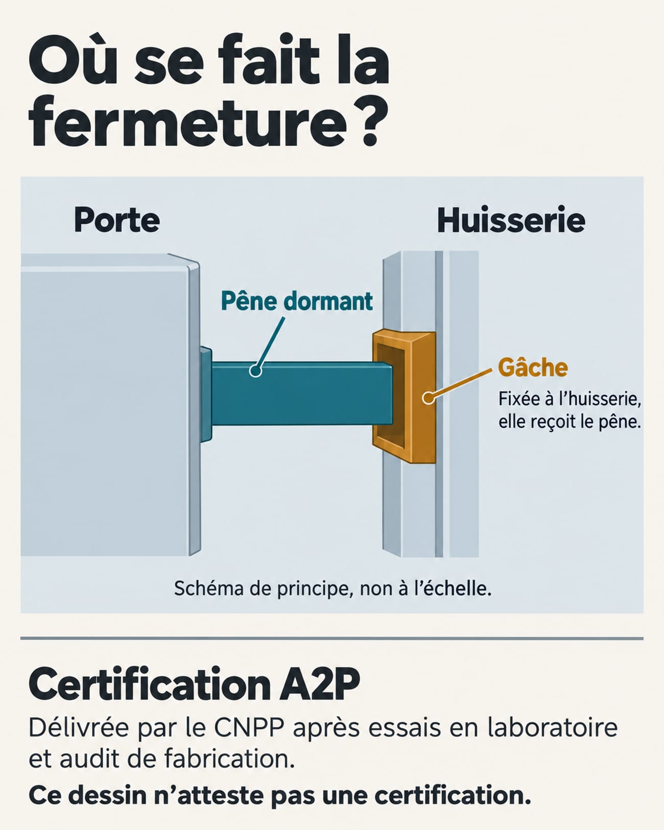 Coupe simplifiée montrant le pêne dormant de la porte engagé dans la gâche fixée à l’huisserie, avec un encadré sur la certification A2P précisant que le dessin n’atteste pas une certification.