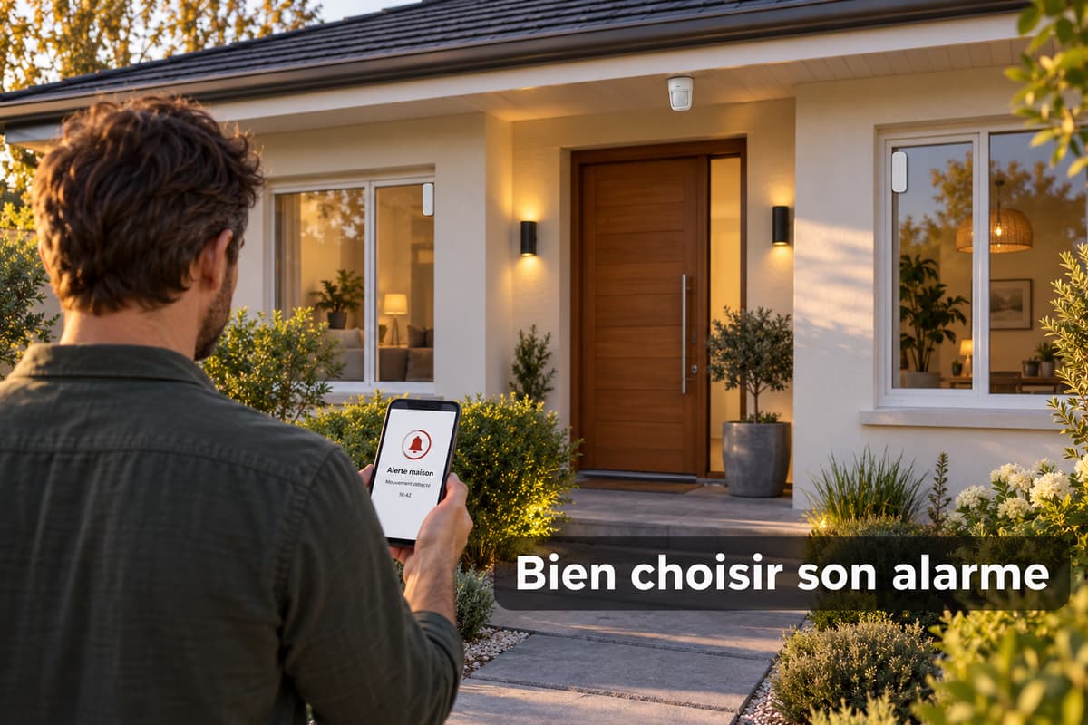 Un logement résidentiel calme avec des capteurs discrets sur la porte et les fenêtres, une personne de dos consultant une alerte sur son téléphone, et le texte 'Bien choisir son alarme' affiché en surimpression.