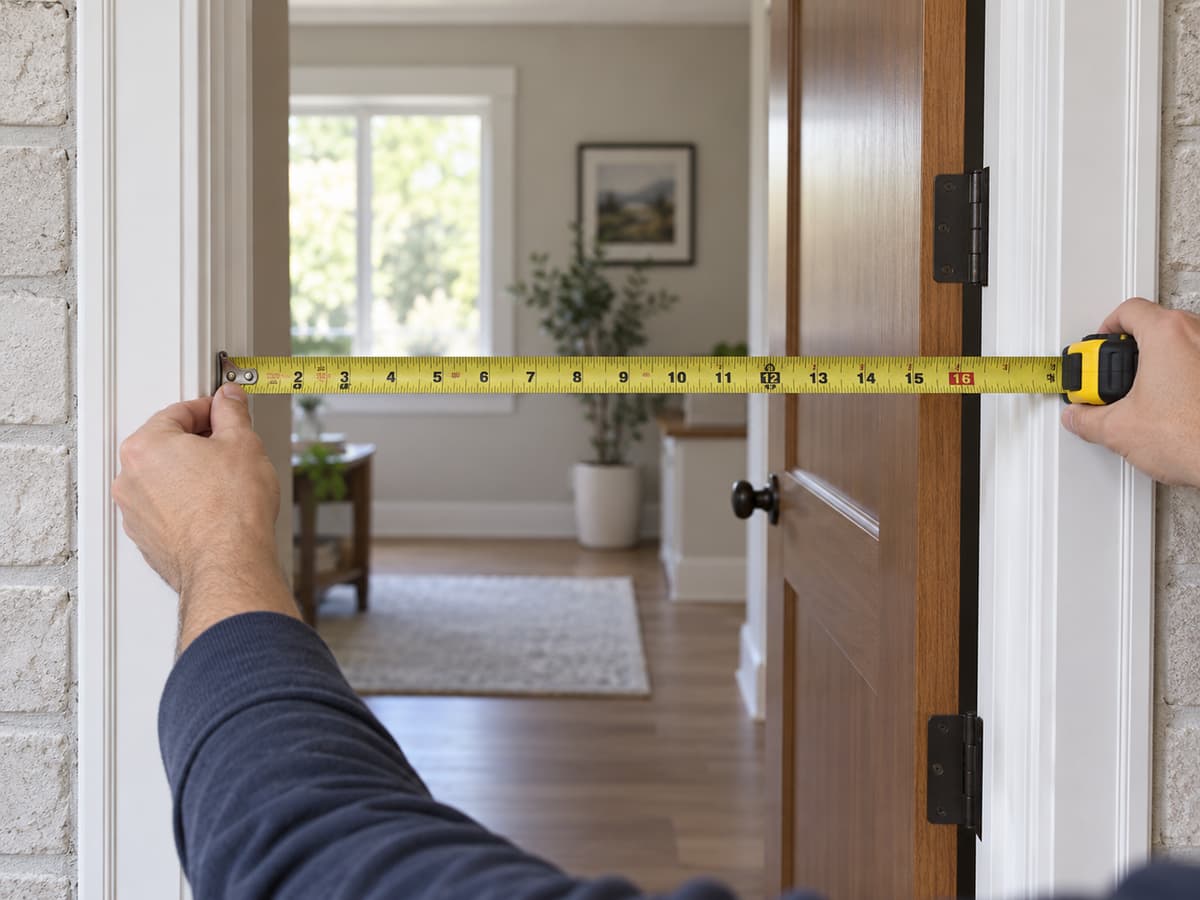 Mains mesurant la largeur intérieure d’un dormant de porte avec un mètre ruban tendu, laissant apparaître la jonction avec la maçonnerie.