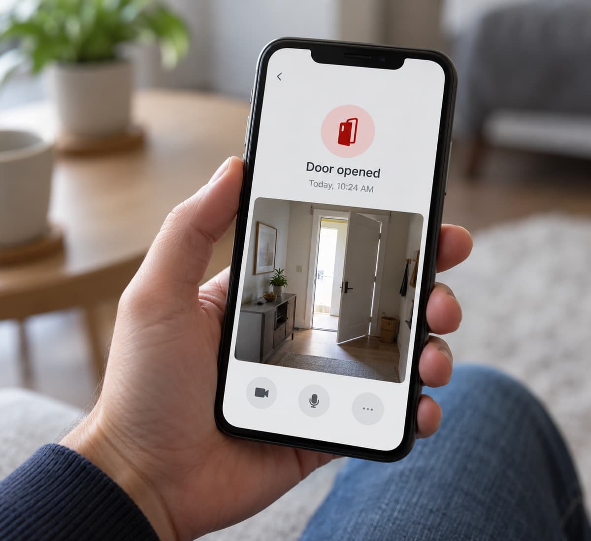 Main tenant un smartphone affichant une notification d’ouverture et une vue intérieure d’un appartement avec une porte ouverte.