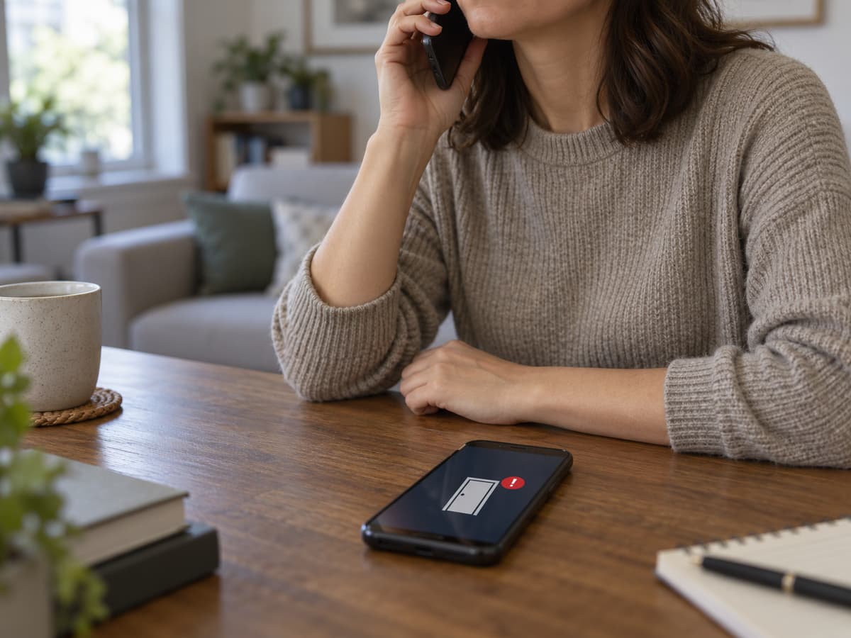 Personne cadrée sans visage identifiable consultant une notification d’ouverture sur un téléphone posé devant elle tout en tenant un second téléphone près de son oreille.