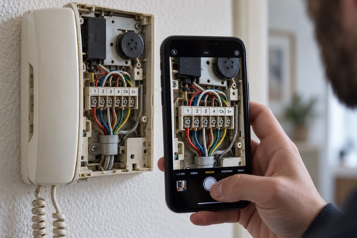 Une personne photographie avec son téléphone le bornier visible d’un ancien interphone ouvert, montrant des fils et des raccordements existants.