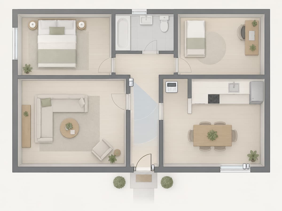 Plan simplifié vu du dessus d’un logement avec une porte d’entrée, une fenêtre accessible, des contacts d’ouverture sur les accès, un détecteur de mouvement orienté vers le couloir et une centrale d’alarme distincte.