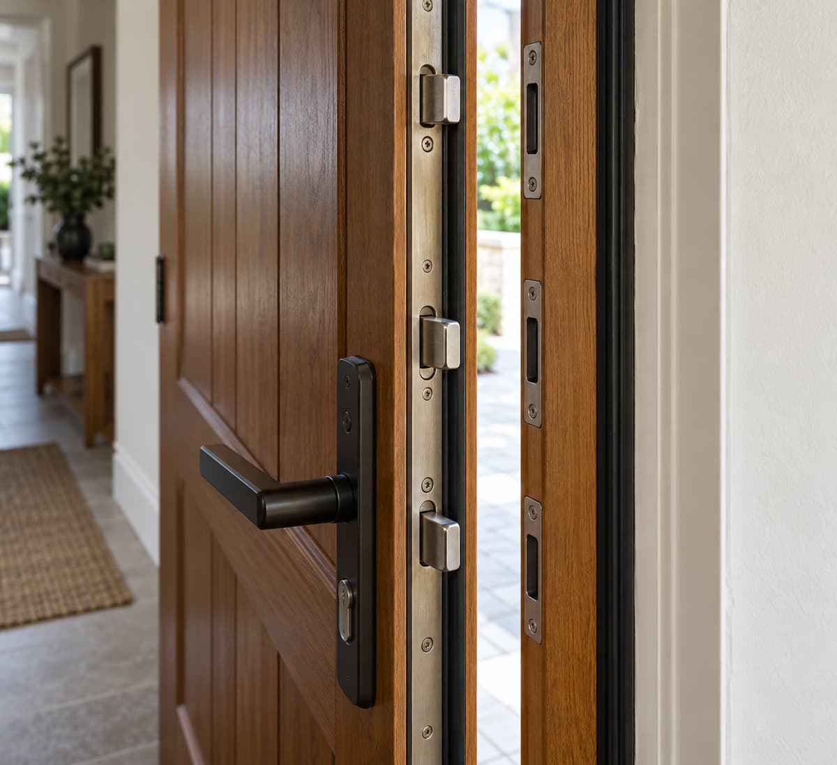 Tranche d'une porte d'entrée entrouverte montrant une fermeture multipoints avec plusieurs points de verrouillage alignés sur les gâches du cadre.