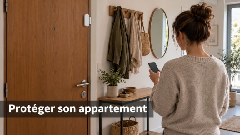 Porte d’entrée fermée avec un détecteur sur le cadre, vue dans une entrée d’appartement, et occupant de dos consultant son téléphone à proximité, avec le texte 'Protéger son appartement' affiché.