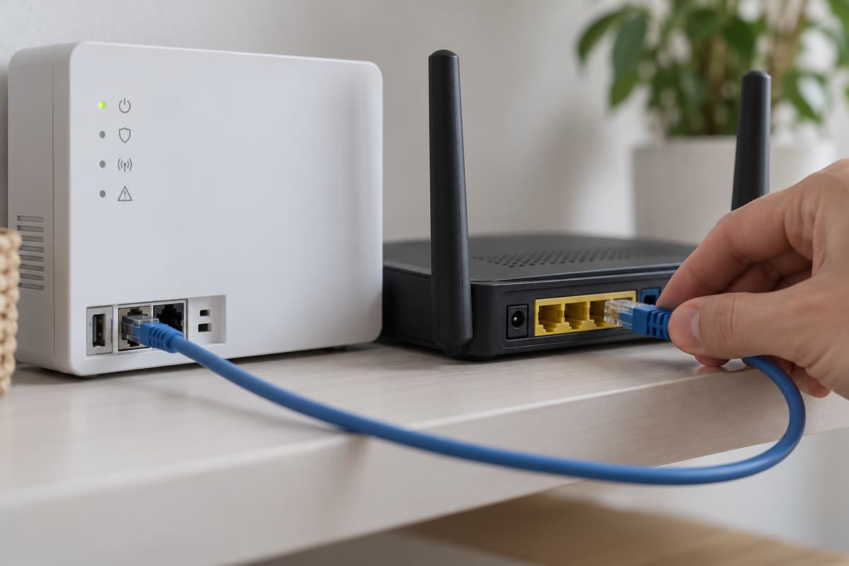 Une main insère un connecteur Ethernet dans le port LAN d’une box, à côté d’une centrale d’alarme distincte reliée par un câble réseau.
