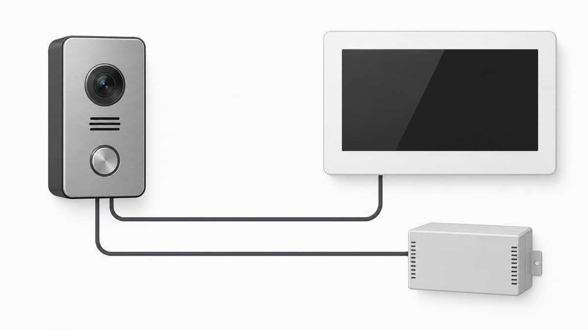 Schéma de principe épuré d’un visiophone filaire montrant une platine extérieure avec caméra et bouton d’appel, un moniteur intérieur et un bloc d’alimentation, reliés par des lignes de liaison simples.