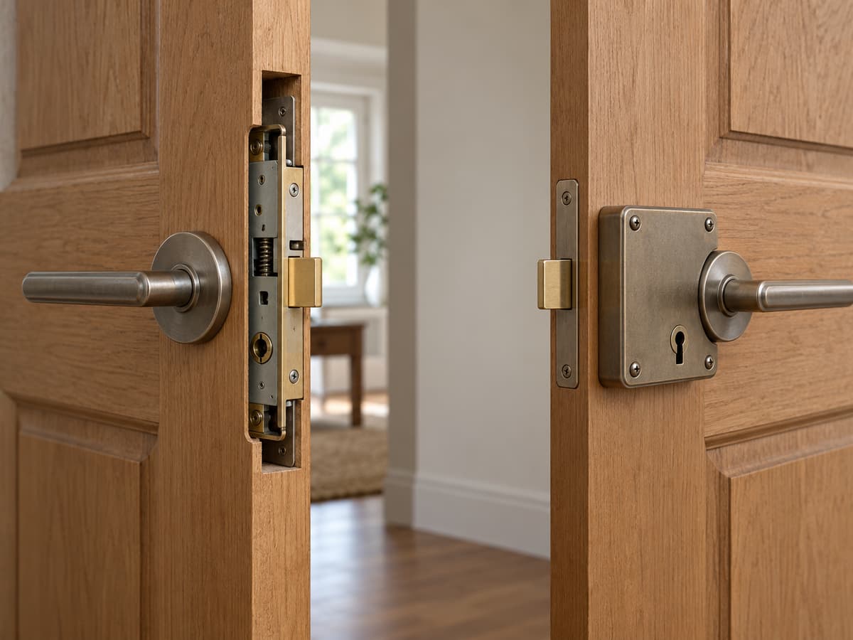 Vue comparée en coupe de deux portes intérieures montrant une serrure encastrée dans l’épaisseur de la première porte et une serrure en applique fixée en surface sur la seconde, avec les chants des deux portes visibles.