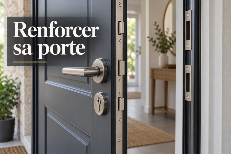Porte d'entrée entrouverte montrant une serrure multipoints avec poignée, cylindre, points de fermeture sur le chant et gâches correspondantes dans le bâti, texte superposé « Renforcer sa porte ».
