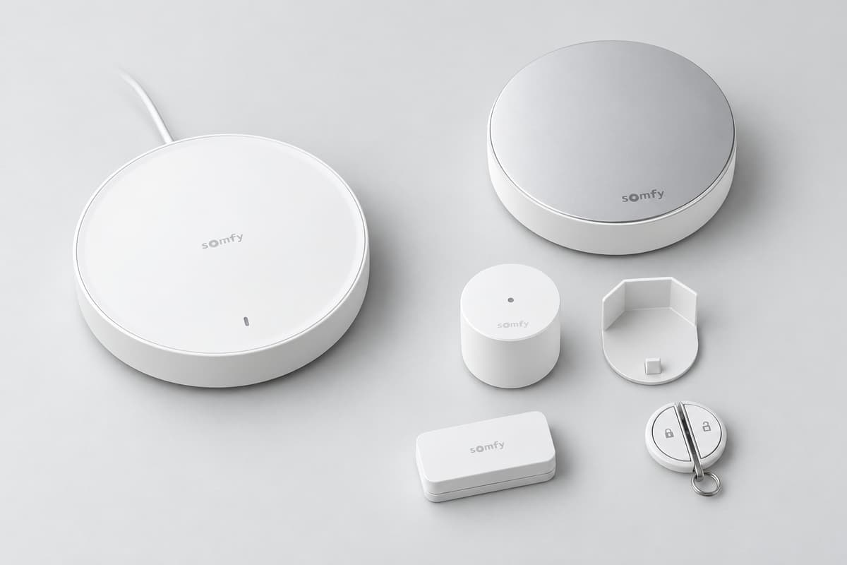 Vue d’ensemble des composants du pack Somfy Home Alarm Advanced disposés séparément sur fond neutre, avec la centrale, les détecteurs et les moyens de commande inclus.
