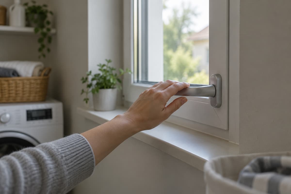Main vérifiant la poignée d’une petite fenêtre de buanderie complètement fermée, vue rapprochée avec mur intérieur.